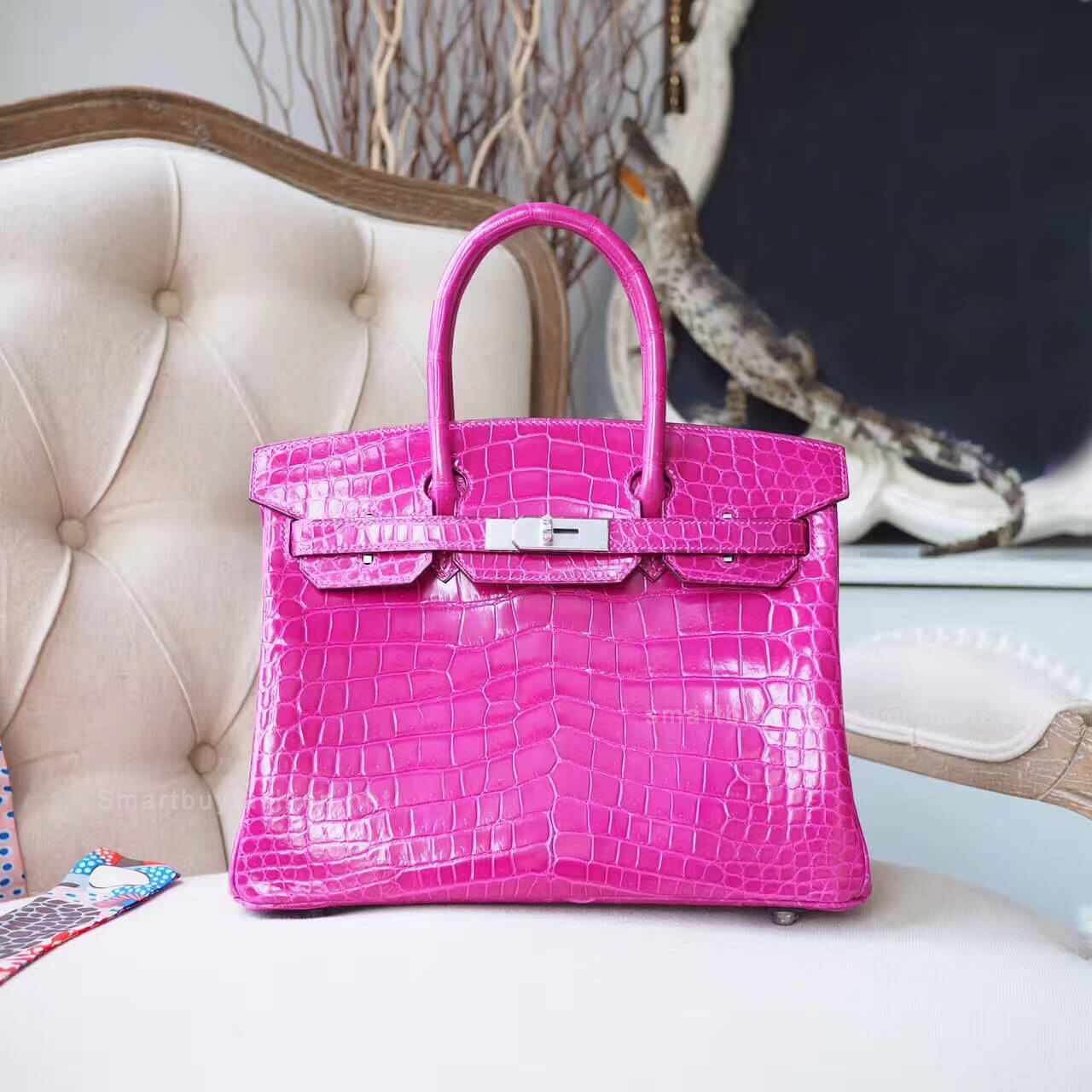 Hermes Birkin 30 Bag in Rose Scheherazade Shiny Nile Croc PHW